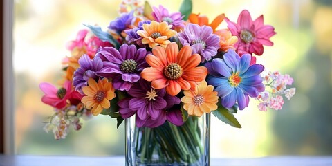 Plastic flowers arranged beautifully in a square jar create a delightful decorative piece. The vibrant plastic flowers add a touch of charm to any setting, making the square jar a perfect centerpiece.