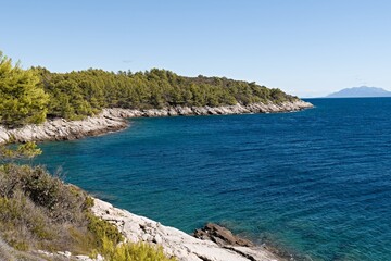 Naklejka premium View of the southern coast of Scedro island and Adriatic sea. Croatia. Europe.