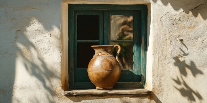 Antique jug botijo displayed in the window of a traditional home, showcasing the charm and heritage of a typical botijo along with rustic architectural details.