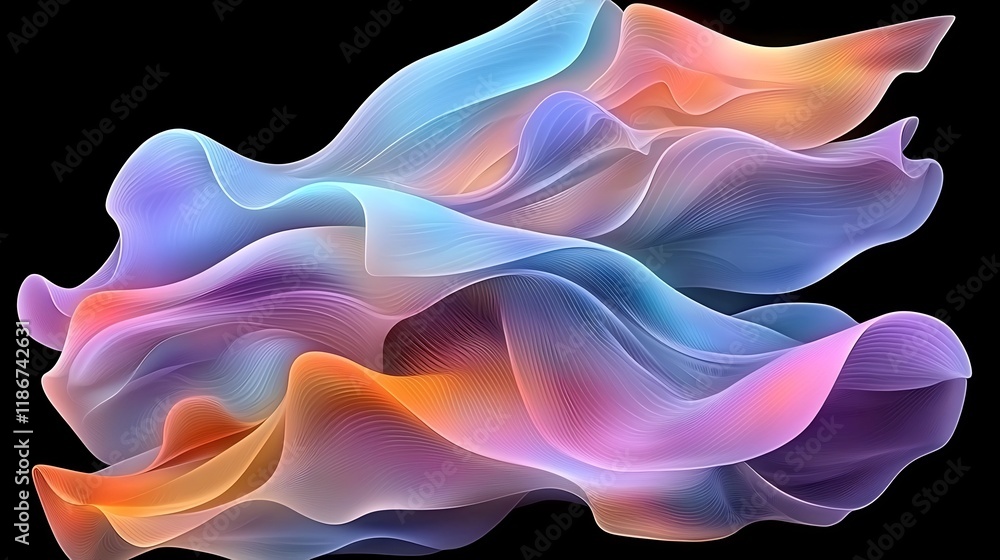 Poster breathtaking abstract digital art featuring undulating iridescent forms in a shimmering mesmerizing 