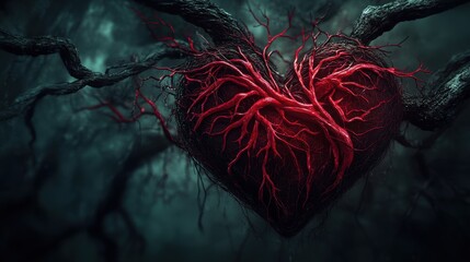 Intricate Heart Shaped Tree Roots in Dark Mystical Forest Scene
