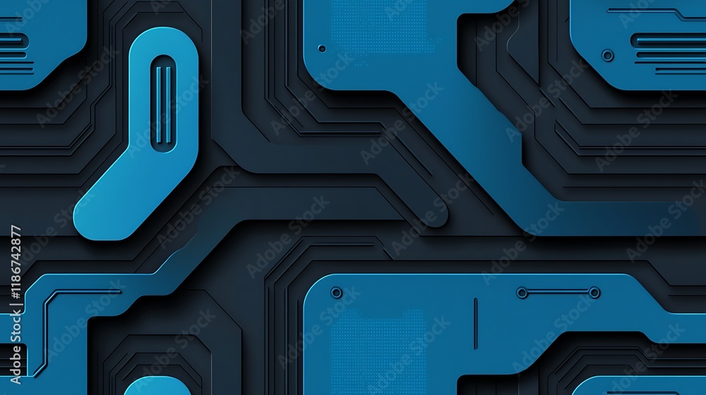 Poster abstract seamless pattern with overlapping blue shapes and textures on dark background, ideal for mo