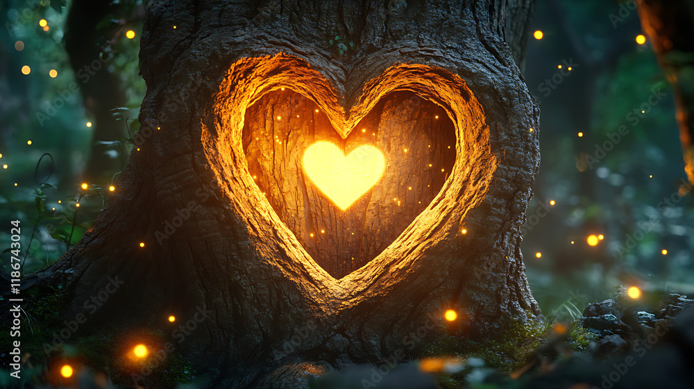 Poster a glowing heart shape carved into the bark of an ancient tree, illuminated by fireflies in a mystica