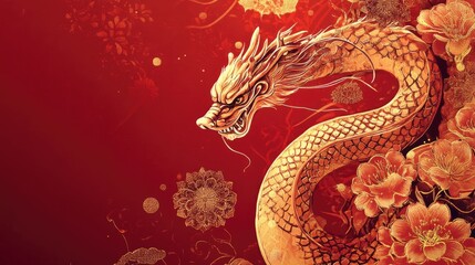 Obraz premium A 2025 New Year greeting card with a golden-red background, featuring the Snake zodiac and traditional Chinese New Year symbols for good fortune.