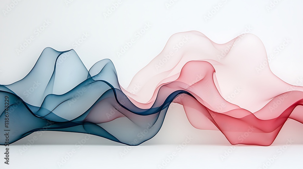 Poster serene abstract design portraying flowing shapes in red and blue with a soft, ethereal quality ideal