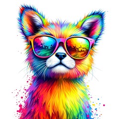 Colorful Fox with Rainbow Glasses and Paint Splatters