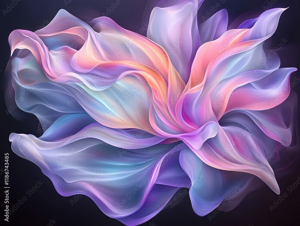 Poster captivating abstract digital art composition featuring a central motif of flowing mesmerizing irides
