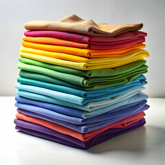 A stack of neatly folded T-shirts in assorted colors,