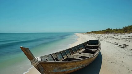 Wooden boat resting on a sandy beach under a clear sky near calm waters during the midday sun