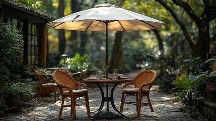 Fototapeta premium Tranquil Outdoor Cafe Table Setting Under Umbrella