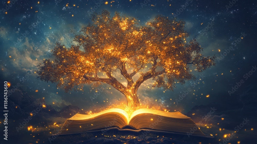 Poster enchanted tree surprises from open book surrounded by sparkling light