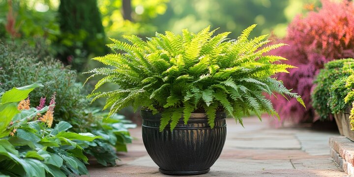 Lush Potted Kimberly Queen Fern enhances the landscape, showcasing the beauty of the Potted Kimberly Queen Fern in garden design and natural settings, creating a vibrant outdoor atmosphere.