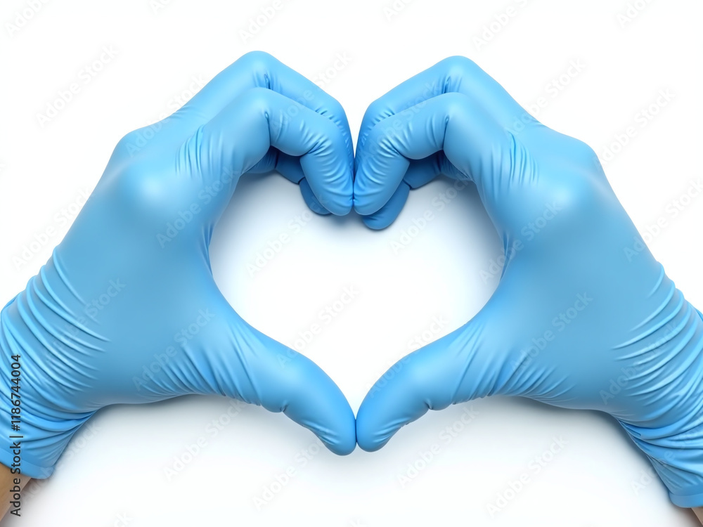 Poster Blue Medical Gloves Forming A Heart Shape On A White Background With A Clipping Path For Isolation. 00002