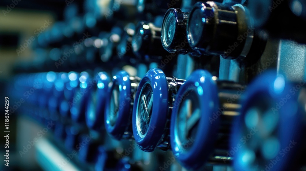 Poster a close-up of blue valves controlling the water treatment process, emphasizing the importance of inn