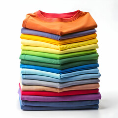 A stack of neatly folded T-shirts in assorted colors,