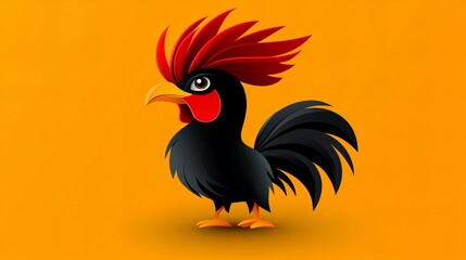 Obraz premium A vibrant illustration of a black rooster with a striking red comb against a sunny yellow backdrop.