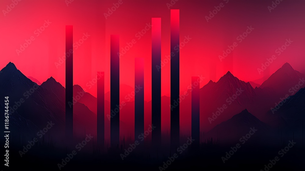 Poster abstract digital art with sleek vertical columns against a vibrant red background representing moder
