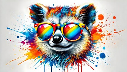 Obraz premium Colorful Fox with Rainbow Glasses and Paint Splatters