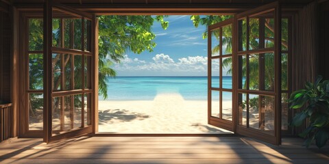 Beach house features wooden windows that are opened, revealing a sandy path leading to the sea in the background, creating a perfect tropical beach house atmosphere for relaxation.