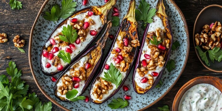 Grilled eggplants served with a rich garlic yogurt sauce, garnished with walnuts and pomegranate, beautifully presented in a top view. Enjoy this vibrant dish featuring grilled eggplants. - Powered by Adobe