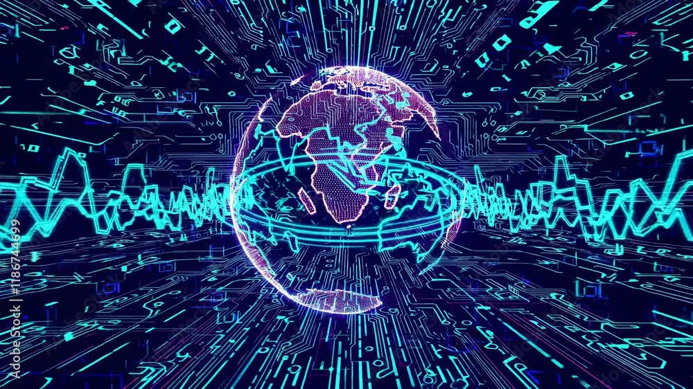 Poster visual representation of global connectivity through digital signals and data patterns. fvx, hud sty