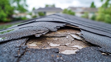 Close-up of weathered and damaged roof shingles
