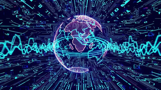 Visual representation of global connectivity through digital signals and data patterns. FVX, HUD style.