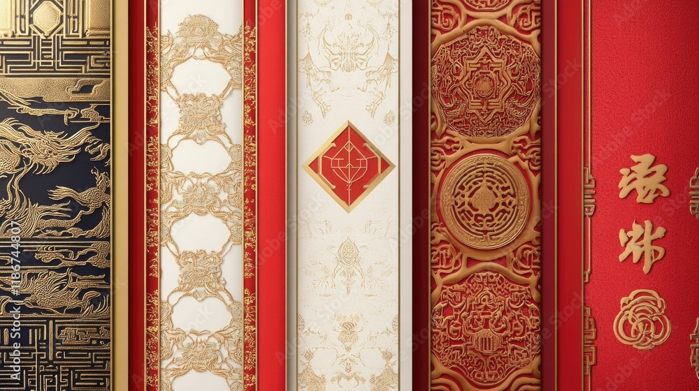 Poster a collection of chinese frame banners, featuring gold and red color schemes with intricate designs, 