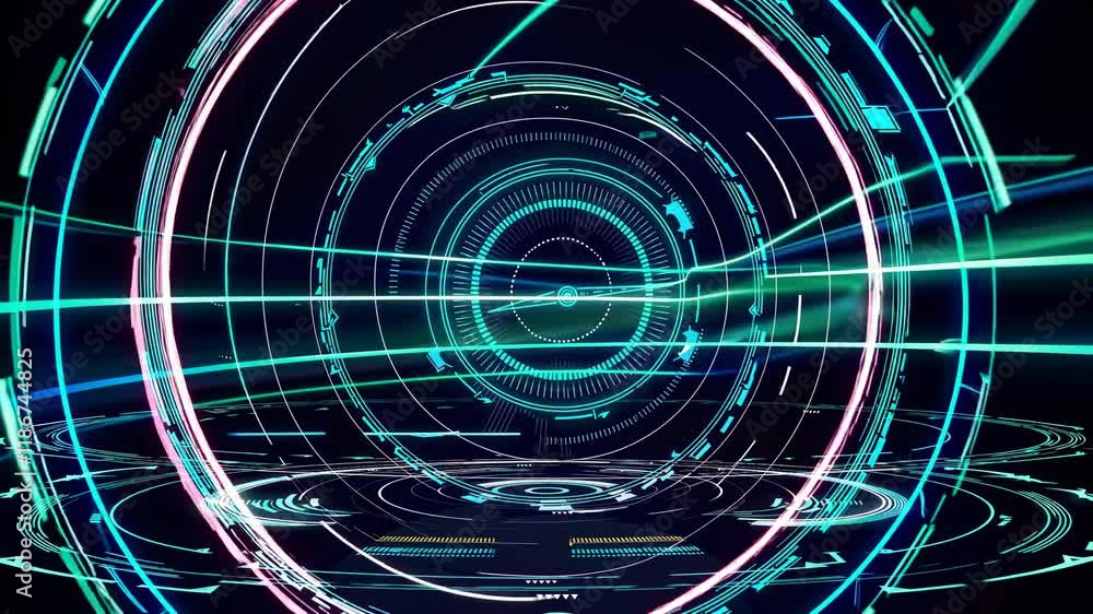 Poster exploring a dynamic digital landscape with vibrant lines and patterns in a futuristic environment