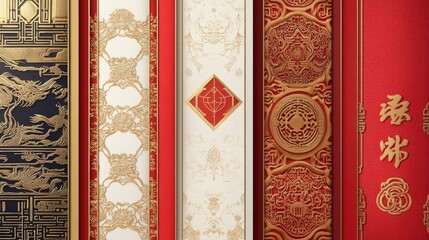 A collection of Chinese frame banners, featuring gold and red color schemes with intricate designs, perfect for festive Chinese New Year decorations.