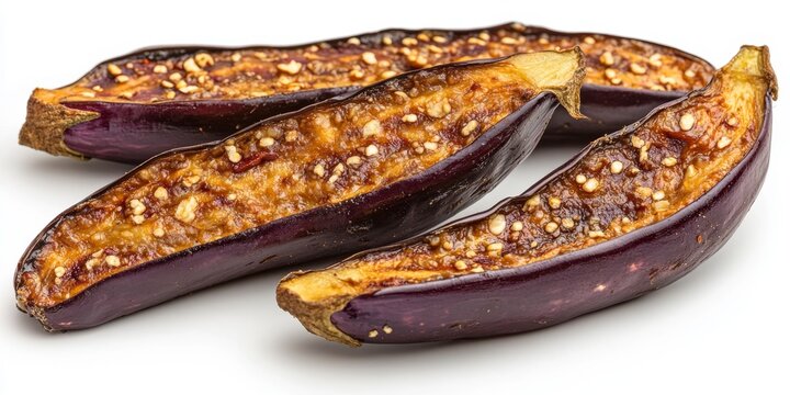 Fried eggplant displayed in isolation on a white background, highlighting the details of the fried eggplant in a close up view, perfect for culinary themes and food photography.