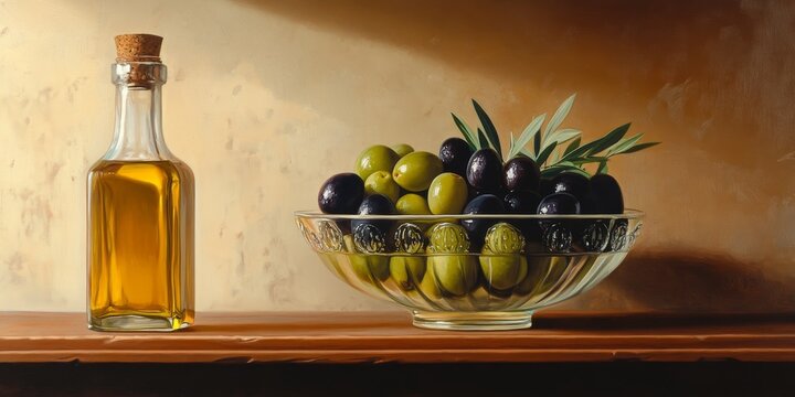 Fresh green and black olives are displayed in a glass bowl placed on a shelf next to an oil bottle, showcasing the vibrant colors and textures of the olives in an appealing arrangement.