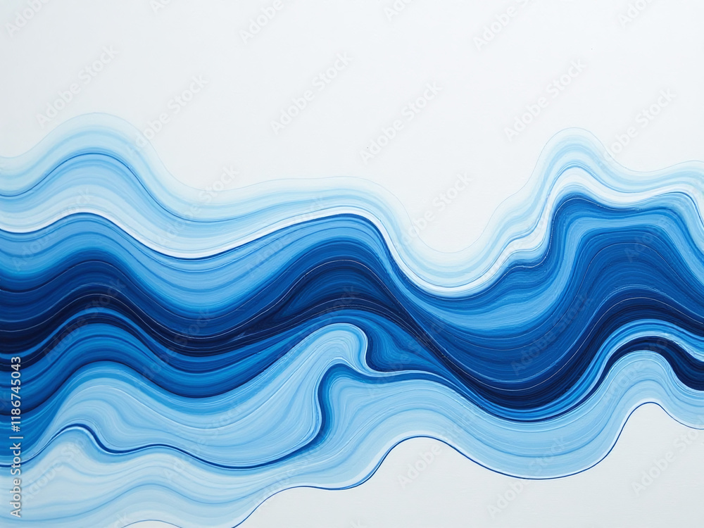 Poster blue and white acrylic paint flows freely to create random waves and curls on an abstract textured m