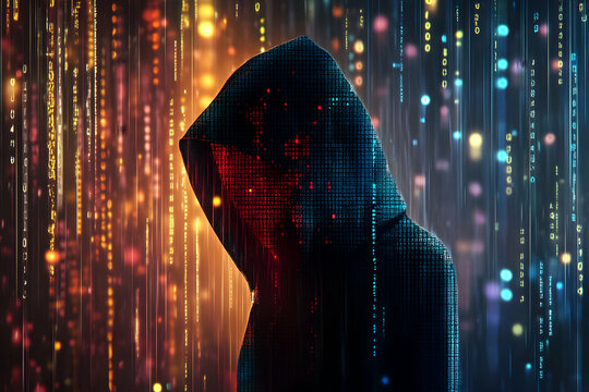 Hooded figure with pixelated face amidst colorful code and cascading binary digital rain