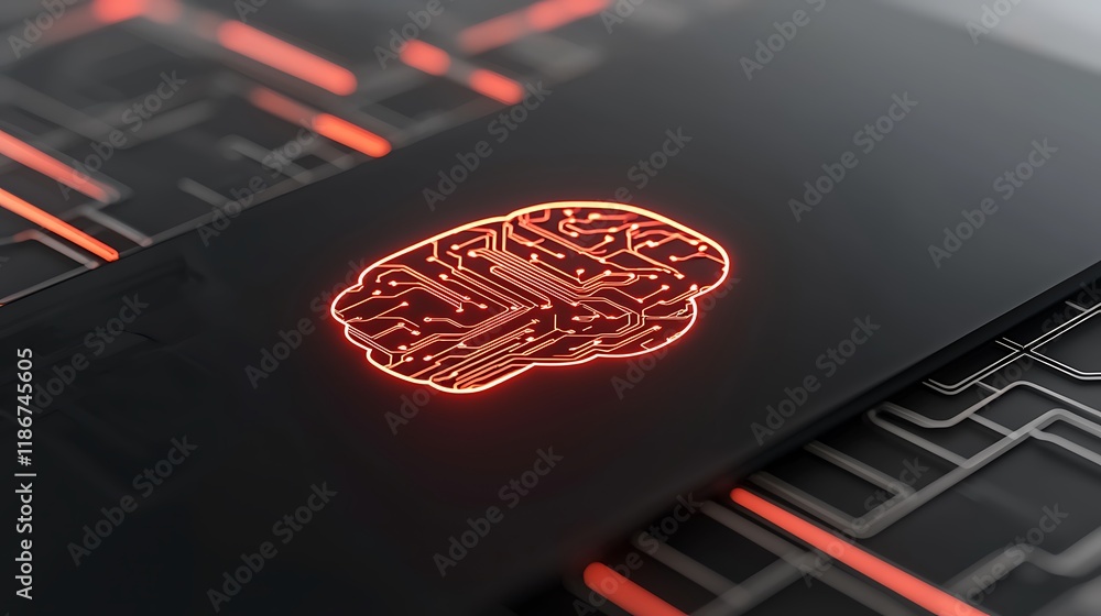 Poster striking abstract visualization of a brain with intricate circuit patterns illuminated by a futurist