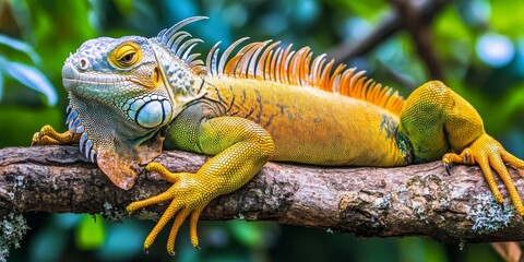 Fototapeta premium Vibrant big green iguana resting atop a tree branch, showcasing its colorful scales and unique features. This big green iguana captures the essence of nature s beauty in its natural habitat.