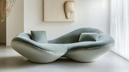 Unique sofa with a sculptural, curved frame and soft, velvety cushions 