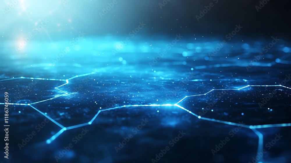 Poster stylized flowing blue currents with glowing lines and particles creating a mystical abstract backgro