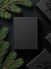 Black Boxes Placed Atop A Black Top View With Pine Tree Branches To Convey A Black Friday Shopping Concept Idea. 00003