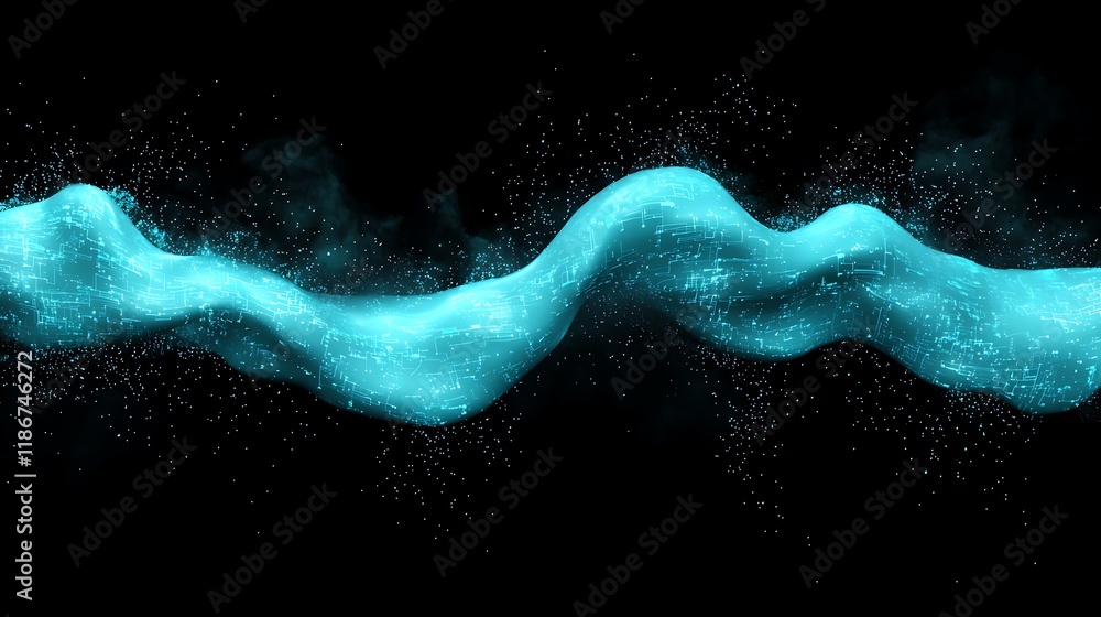 Poster flowing blue currents in a stylized design with abstract particles on a black background