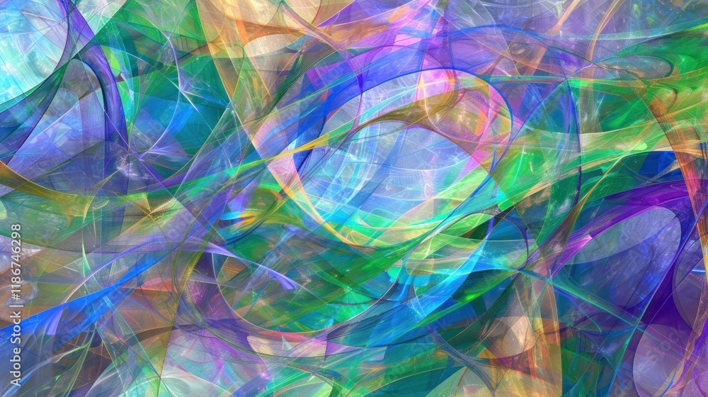 Poster abstract colorful swirls and translucent shapes forming a vibrant, dynamic composition.