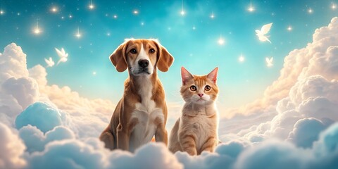 A realistic photo of a dog and a cat sitting on fluffy clouds under a glowing sky with white doves and twinkling stars, creating a peaceful and dreamy celestial vibe.