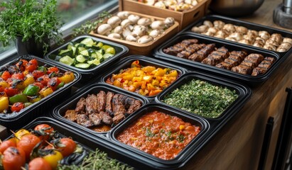 Fototapeta premium Delicious grilled vegetables, meats, and sides in catering trays.