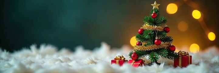 Obraz premium Miniature Christmas tree with presents and golden garland on a fluffy carpet, fluffy, holiday decoration