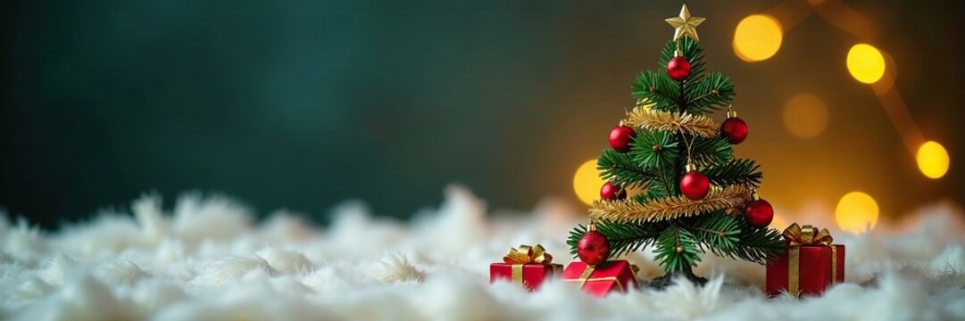 Miniature Christmas tree with presents and golden garland on a fluffy carpet, fluffy, holiday decoration - Powered by Adobe
