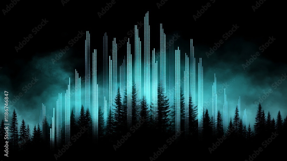 Poster surreal digital landscape featuring tall trees and abstract patterns in a mysterious blue and black 