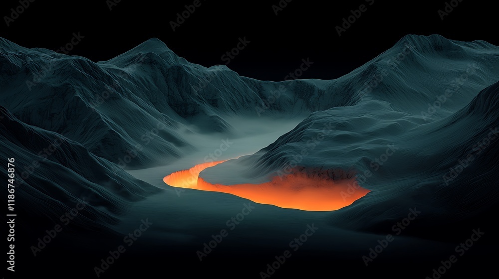 Poster surreal visualization of dynamic data streams flowing through abstract mountainous landscapes in a d