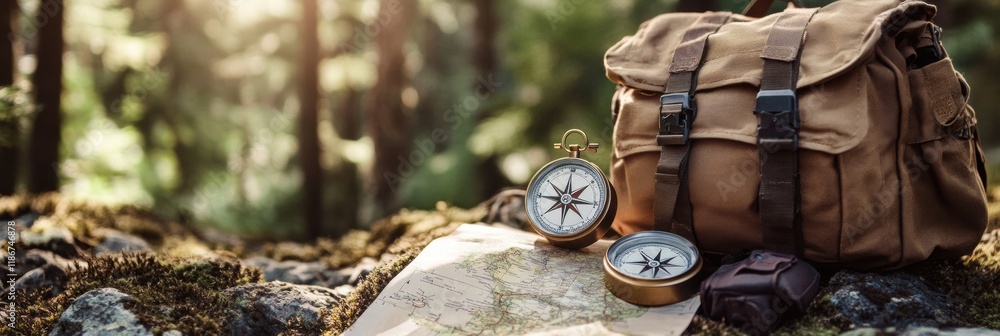 Aufkleber explore the wilderness with a backpack, compass, and map set against a serene forest backdrop. gener