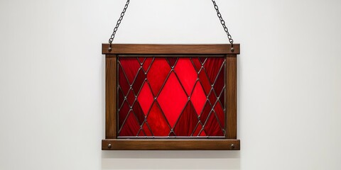 Wooden framed stained glass window featuring a red diamond pattern, elegantly suspended by chains against a white wall, showcasing the beauty of stained glass artistry in any setting.