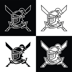 Minimalist Knight Logo Design with Crossed Swords - Black and White Variations